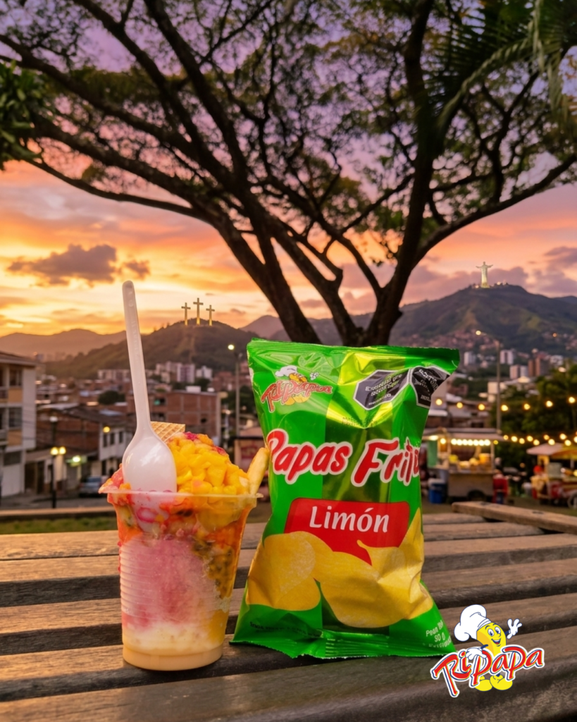 aso de cholado tradicional caleño junto a un paquete de papas fritas de limón sobre una mesa de madera, con un atardecer y el monumento a Cristo Rey en Cali de fondo.
